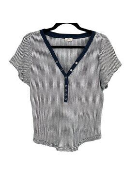 Pilcro Andie Henley Blue White Striped Short Sleeve Snap Detail Top Size XL